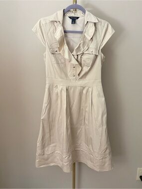 White House Black Market Khaki Ruffle-Front Cap Sleeve Dress, size 6